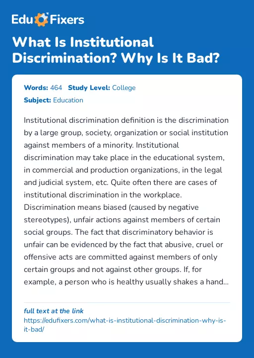 What Is Institutional Discrimination? Why Is It Bad? - Essay Preview