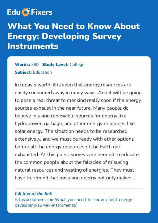 What You Need to Know About Energy: Developing Survey Instruments - Essay Preview
