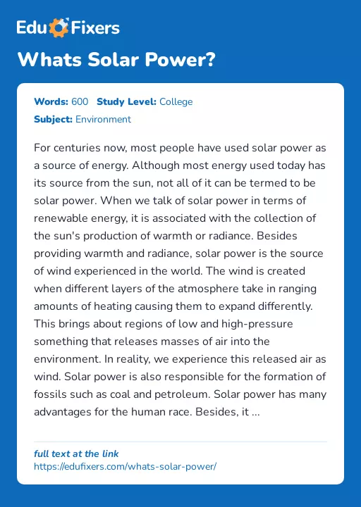 Whats Solar Power? - Essay Preview