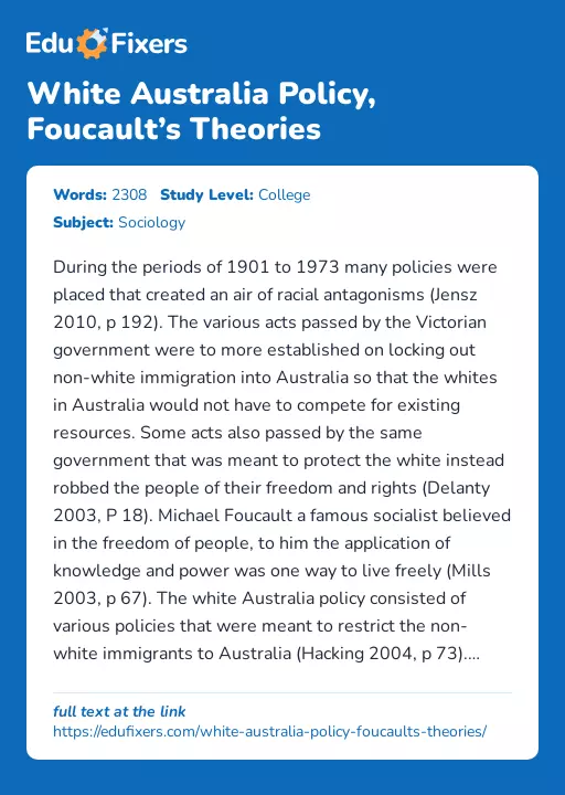 White Australia Policy, Foucault’s Theories - Essay Preview