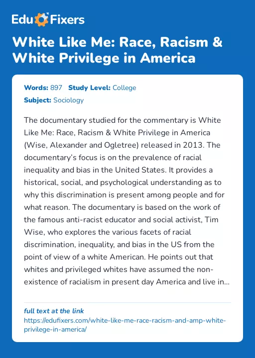 White Like Me: Race, Racism & White Privilege in America - Essay Preview