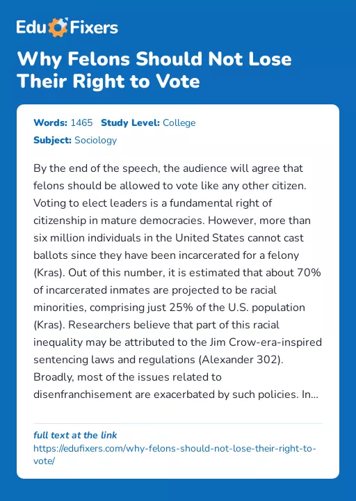 Why Felons Should Not Lose Their Right to Vote - Essay Preview