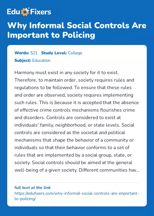 Why Informal Social Controls Are Important to Policing - Essay Preview