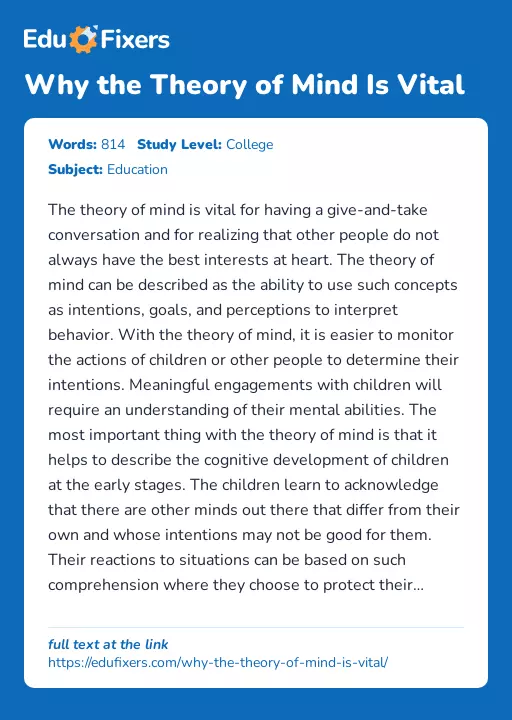 Why the Theory of Mind Is Vital - Essay Preview