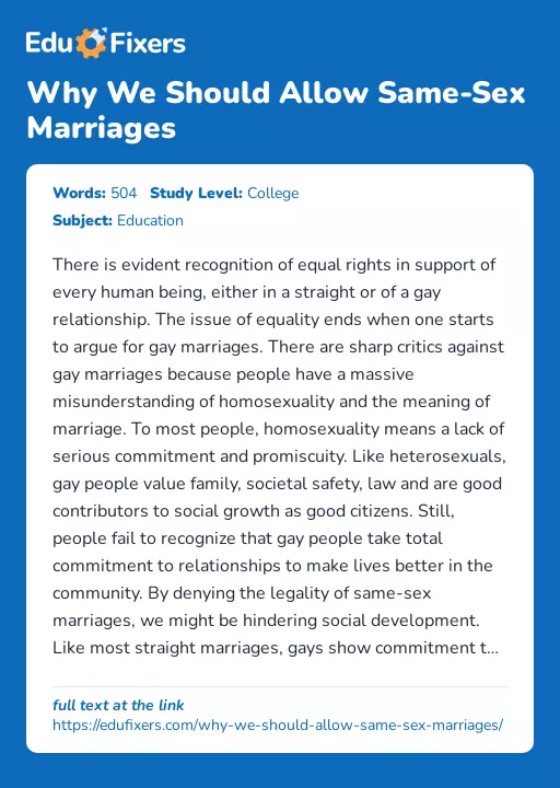 Why We Should Allow Same-Sex Marriages - Essay Preview
