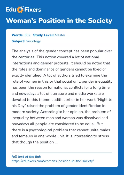 Woman’s Position in the Society - Essay Preview