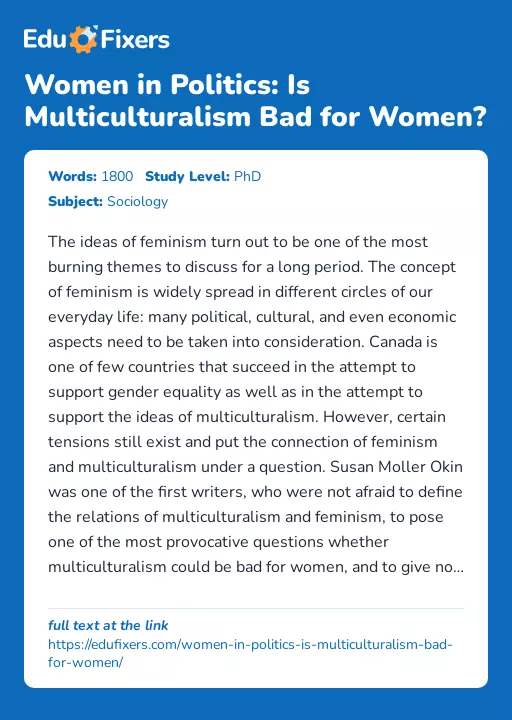 Women in Politics: Is Multiculturalism Bad for Women? - Essay Preview