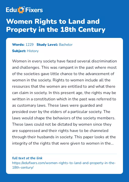 Women Rights to Land and Property in the 18th Century - Essay Preview