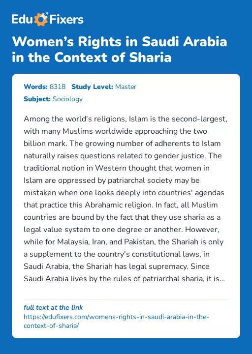 Women’s Rights in Saudi Arabia in the Context of Sharia - Essay Preview