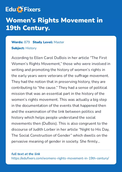 Women’s Rights Movement in 19th Century. - Essay Preview