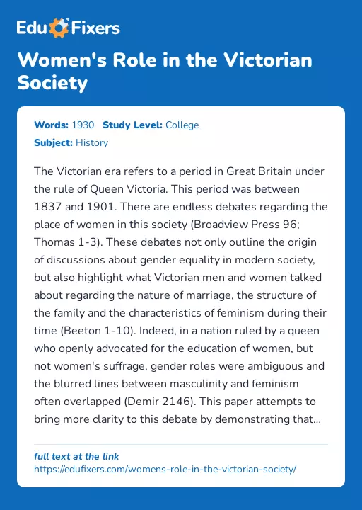 Women's Role in the Victorian Society - Essay Preview
