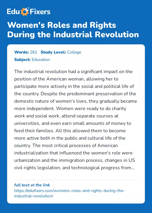 Women's Roles and Rights During the Industrial Revolution - Essay Preview