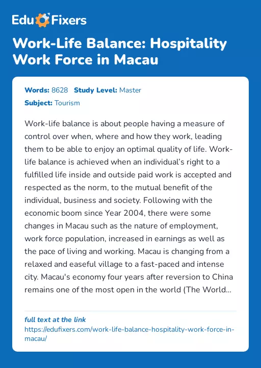 Work-Life Balance: Hospitality Work Force in Macau - Essay Preview
