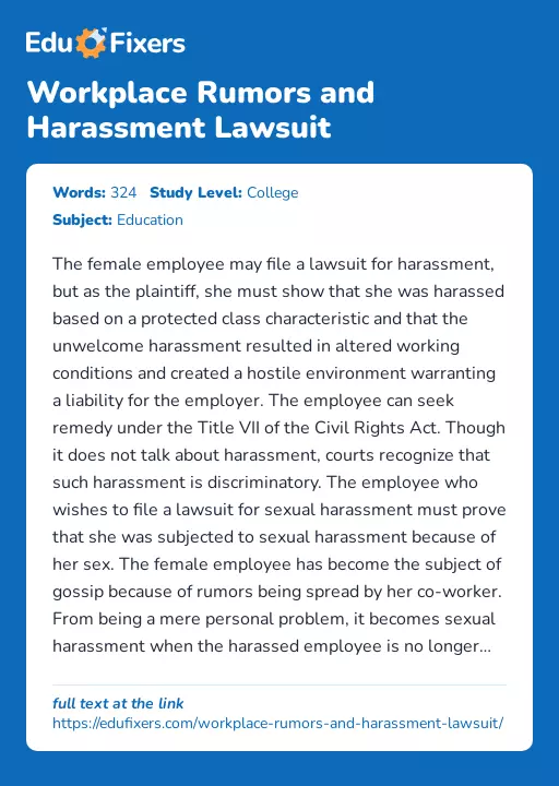 Workplace Rumors and Harassment Lawsuit - Essay Preview