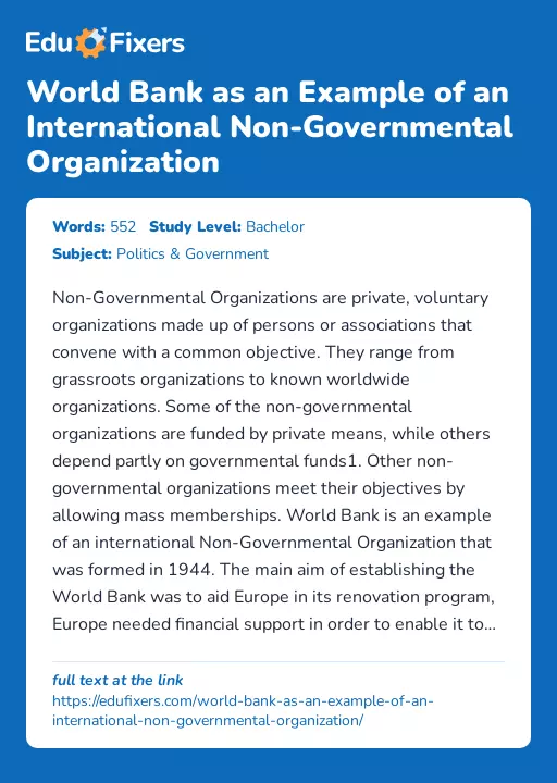 World Bank as an Example of an International Non-Governmental Organization - Essay Preview