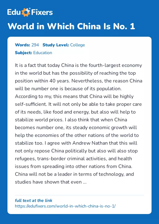 World in Which China Is No. 1 - Essay Preview