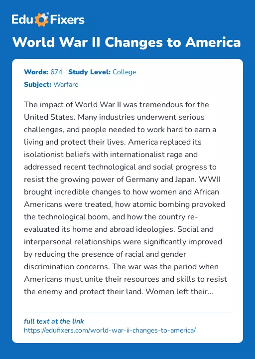 World War II Changes to America - Essay Preview