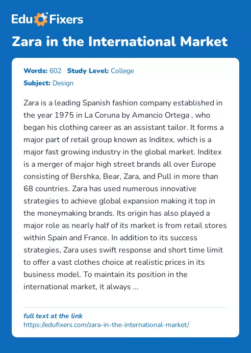 Zara in the International Market - Essay Preview